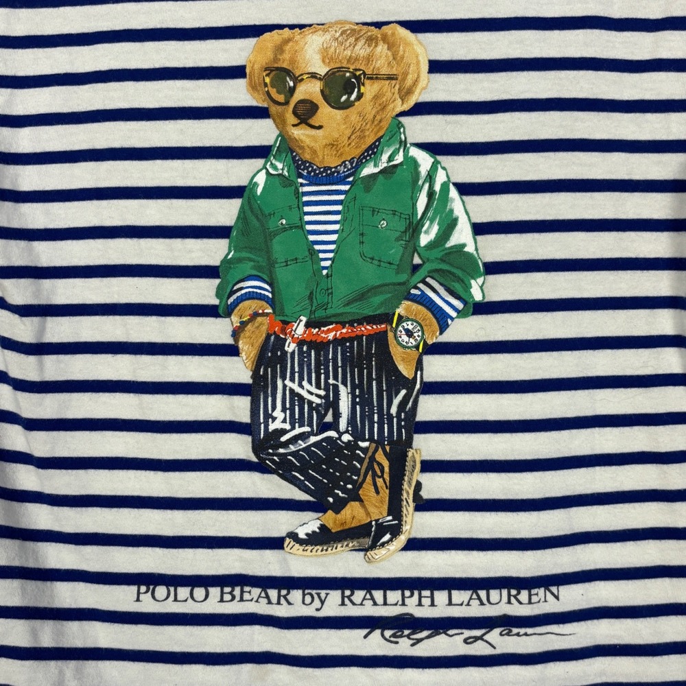 POLO RALPH LAUREN Bear Striped 100% Cotton Tee Blue/White Kids Size Small Casual - Picture 4 of 8